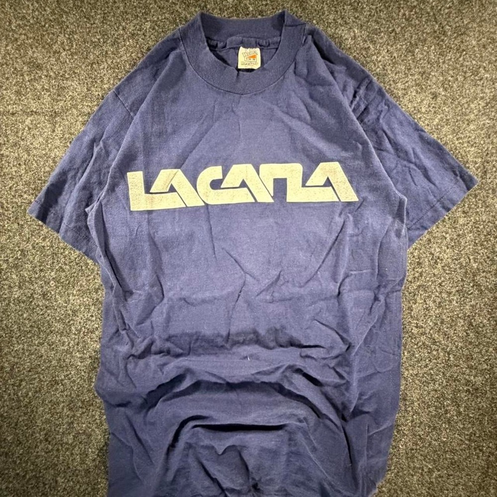 Vintage 90s Lacana Graphic T Shirt Blue Single Stitch Hanes Beefy-T Small USA